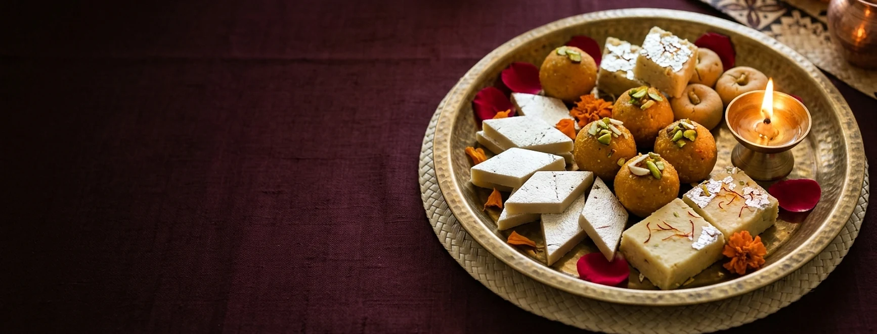 A brass plate of Diwali mithai with a lit diya promotion