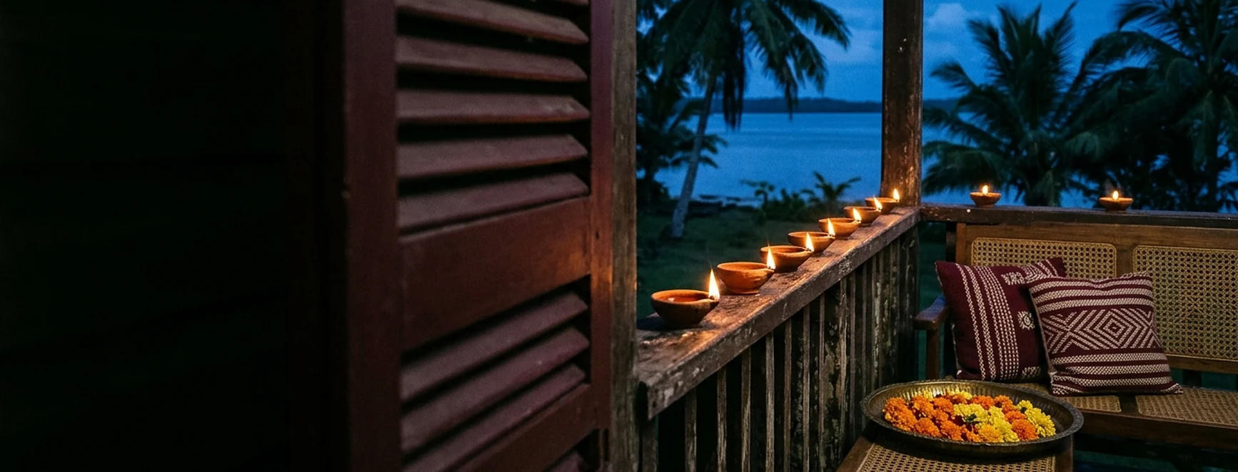 A Fiji veranda at dusk lined with lit diyas promotion